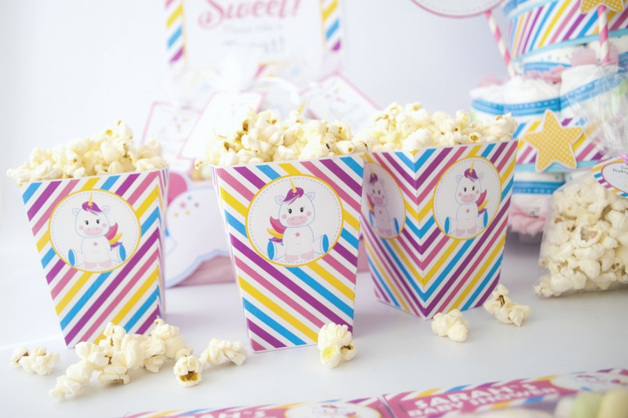 Unicorn Popcorn Boxes. EDITABLE Magical Unicorn Baby Shower Party Set. Create the perfect Magical Unicorn baby shower Party using this amazing set by Partymazing.
