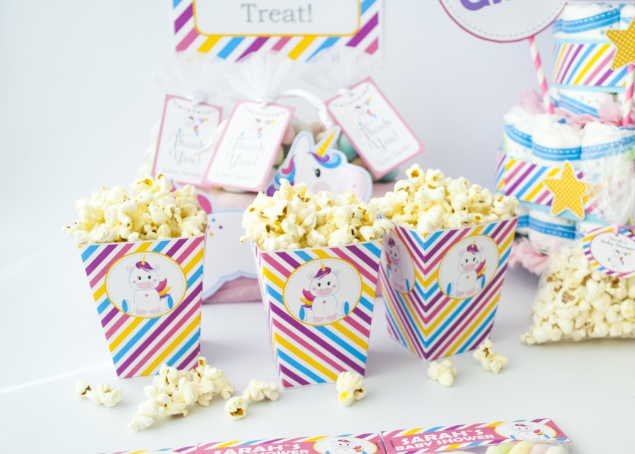 Unicorn popcorn boxes. EDITABLE Magical Unicorn Baby Shower Party Set. Create the perfect Magical Unicorn baby shower Party using this amazing set by Partymazing.
