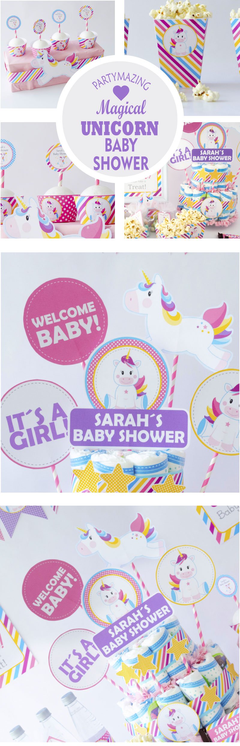 EDITABLE Magical Unicorn Baby Shower Party Set. Create the perfect Magical Unicorn baby shower Party using this amazing set by Partymazing.
