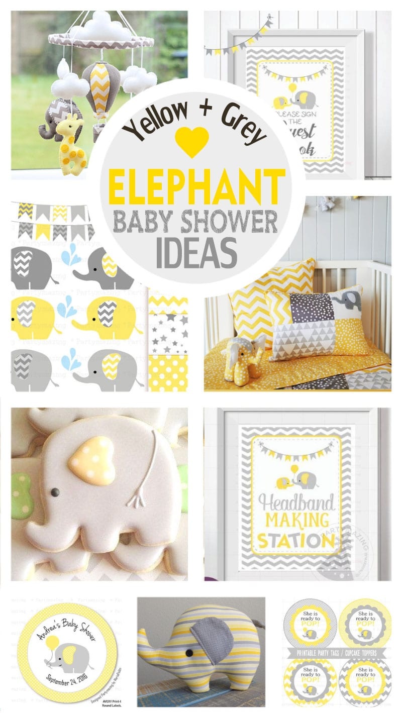 yellow and gray elephant baby shower decorations