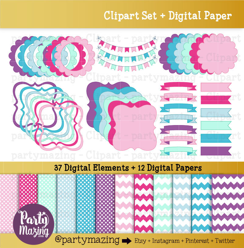37 Pink Pastel Frame and Ribbon Clipart & Paper Set for Digital Scrapbooking or Design Element Pack | E294