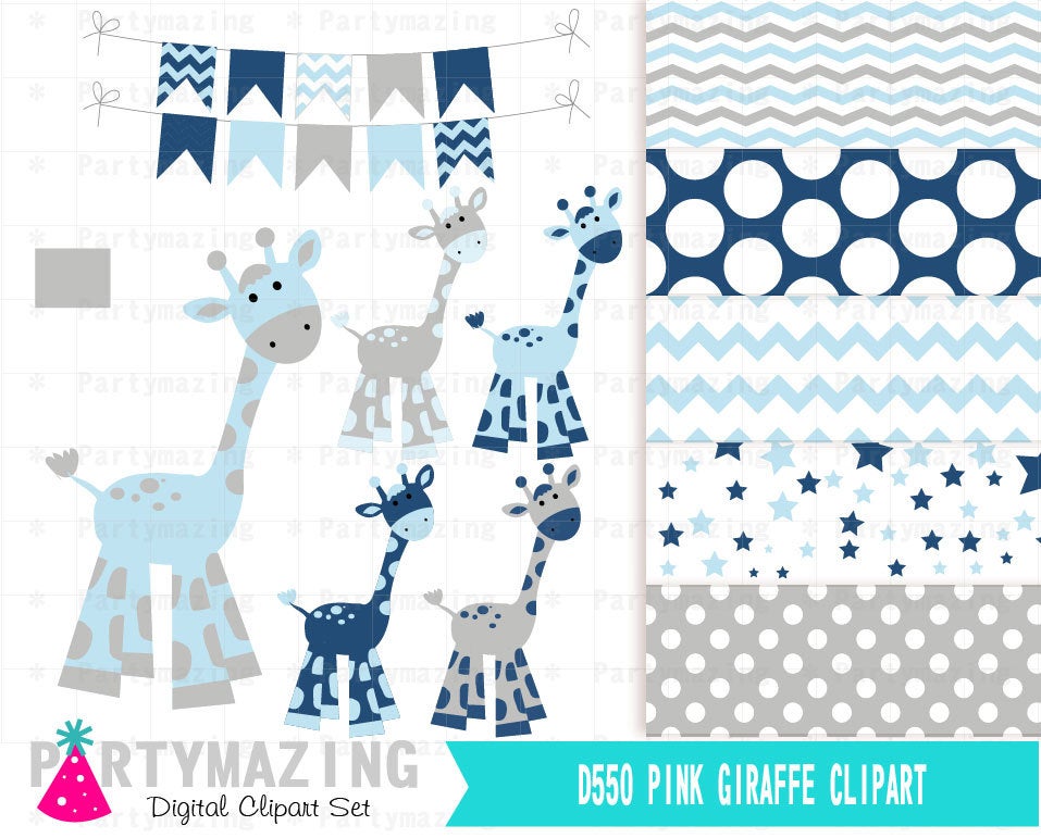 Blue Giraffe Clipart Set for Baby Shower with Matching Paper | E382
