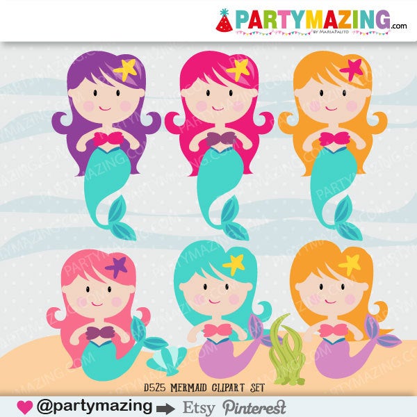 Cute Girl Mermaid Clipart Set | Under the sea Clip Art Graphics | E376