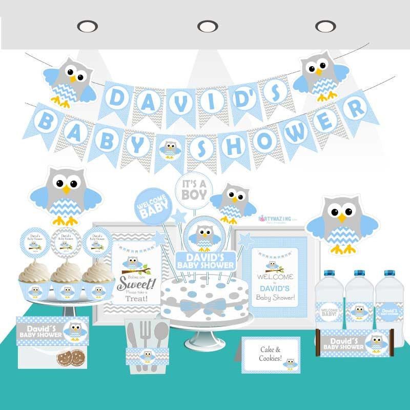 Editable Blue Owl Baby Shower Set FULL Party Package for Boy | E007