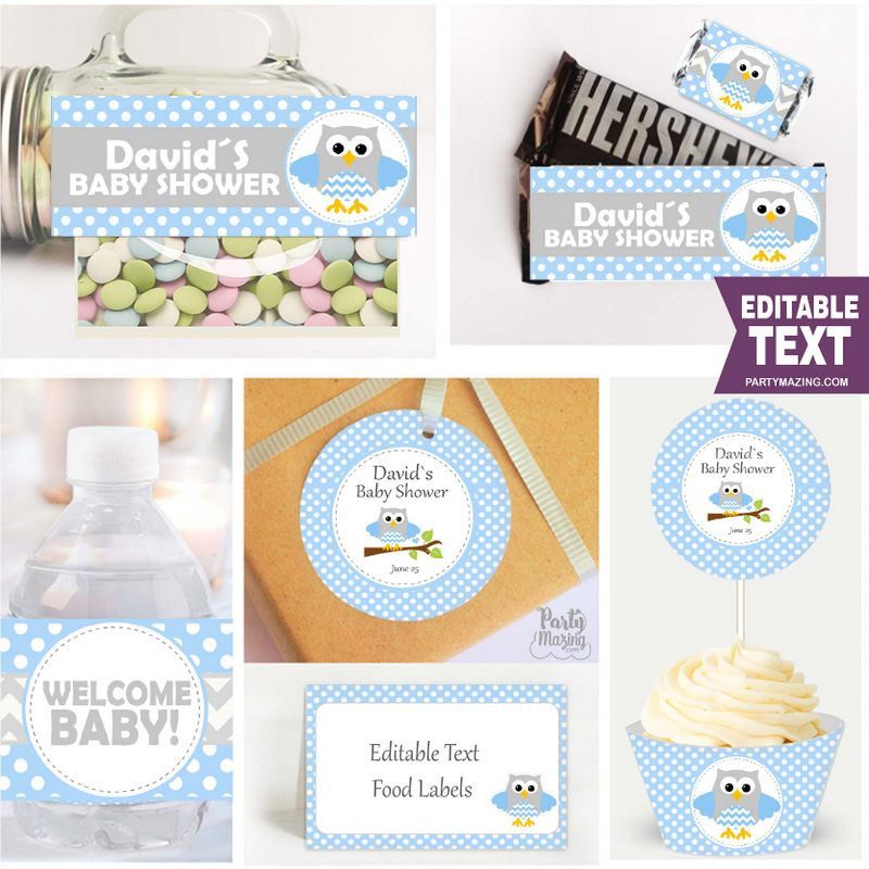 Editable Blue Owl Baby Shower Set FULL Party Package for Boy | E007