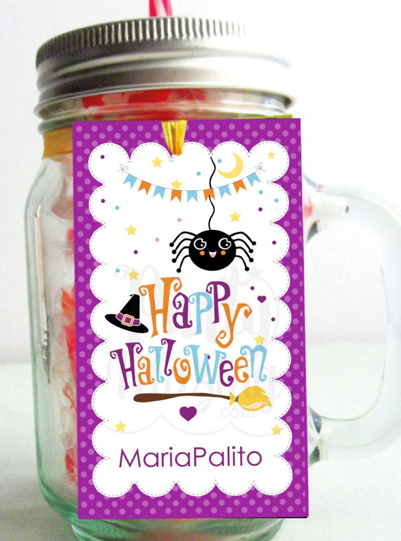 Editable Cute Little Spider Happy Halloween Tag for Baby or Kids | Editable Rectangle Tag | E211
