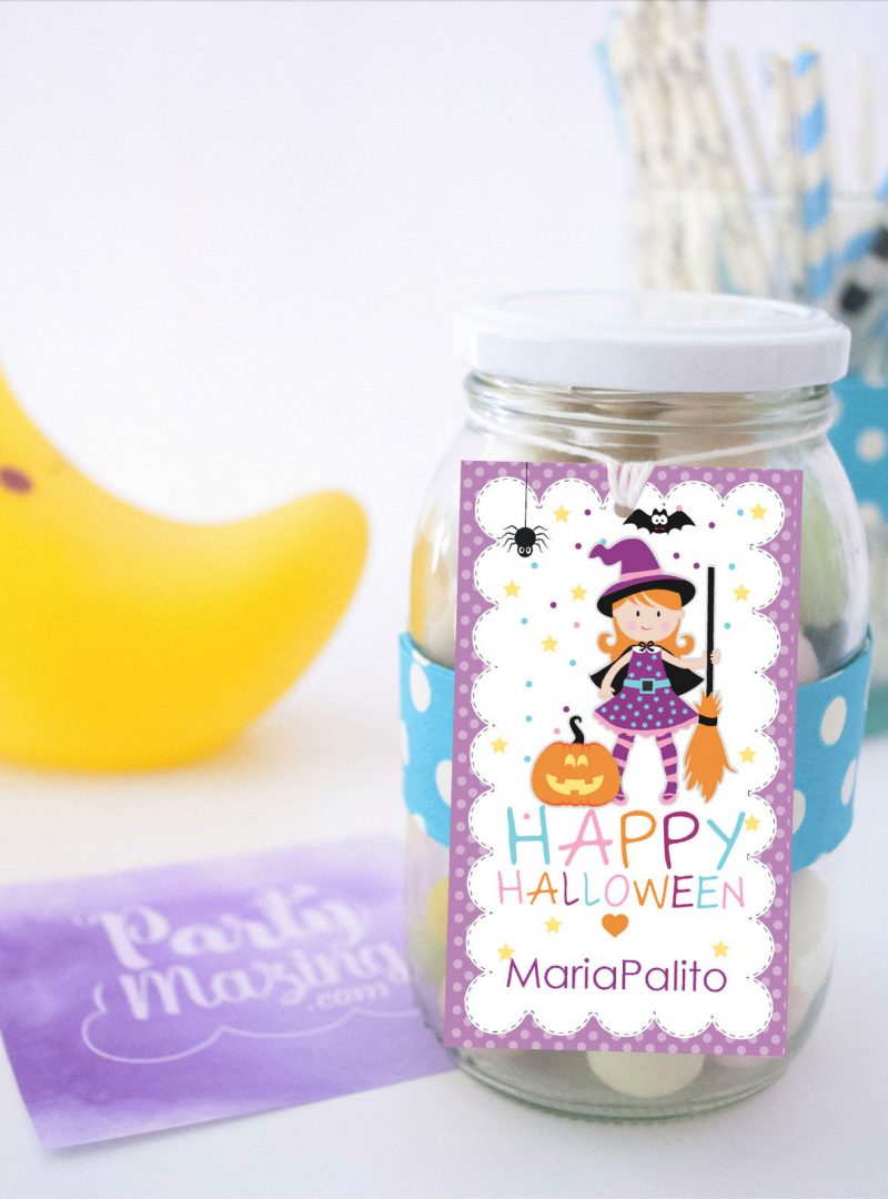 Editable Cute Little Witch Halloween Party Favor Tag |  Editable Rectangle Tag |E202