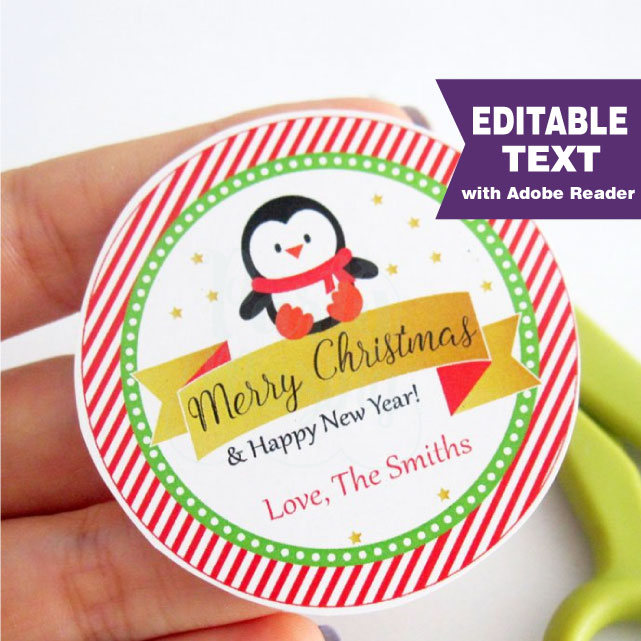 Editable Penguin Merry Christmas Happy New Year Gift Tag For