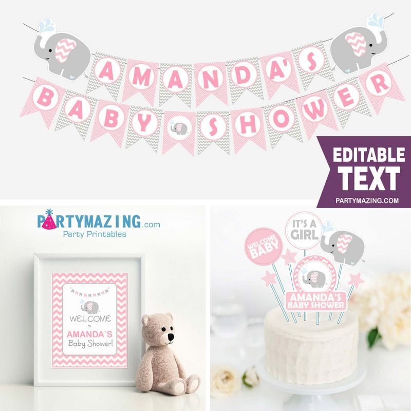 Editable Pink Elephant Baby Shower Full Package Set for a Girl Baby Party | E006