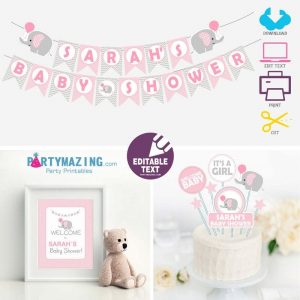 Pink Elephant Printable Baby Shower Full Party Set E009