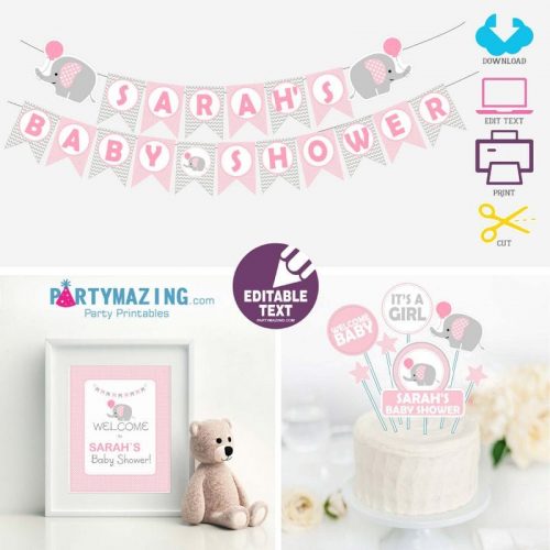 Editable Pink Elephant Baby Shower Full Party Package Set | BBEP1| E009