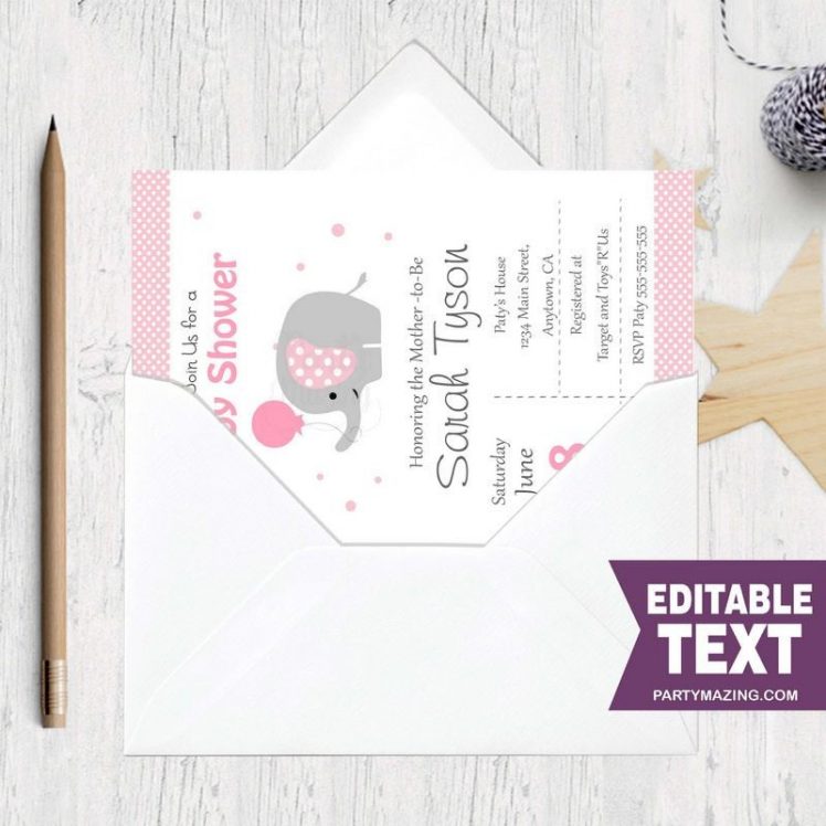 Pink Elephant Printable Baby Shower Invitation E057 – Partymazing.com