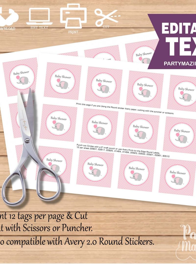 Editable Pink Elephant Tags | Baby Shower Tags | Editable Gift Tag| Custom Favor Tags | Favor Bag Tags |  | E163