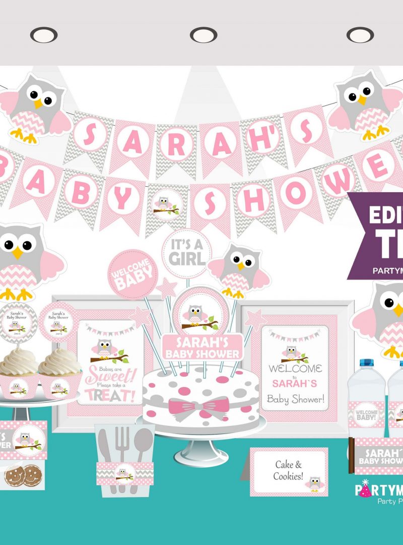 Editable Pink Owl Baby Shower Full Party Set for a Baby Girl Party | E008
