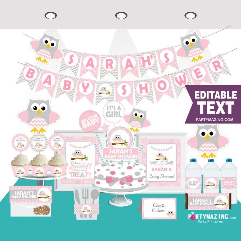 Editable Pink Owl Baby Shower Full Party Set for a Baby Girl Party | E008