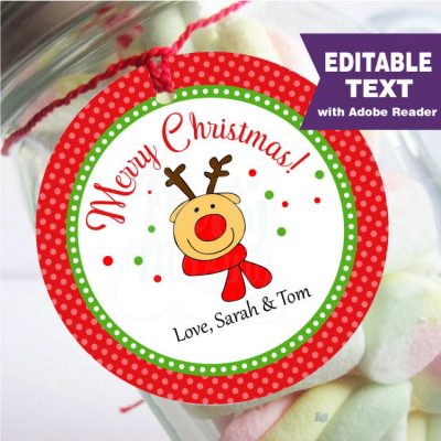 Editable Reindeer Merry Christmas Favor Tag Hand-drawn | PK17 | E297