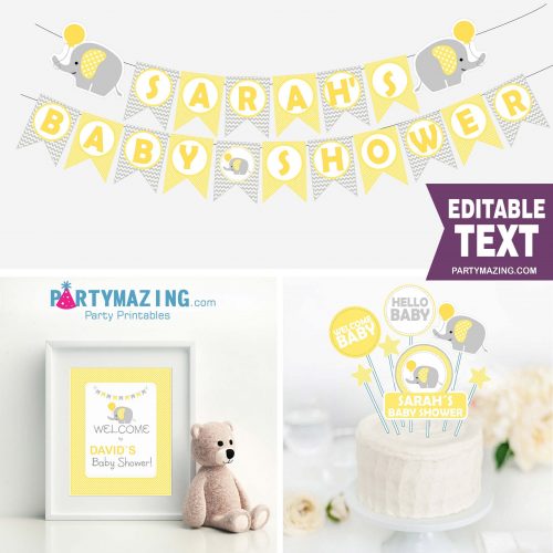 Editable Yellow Elephant Baby Shower Full Package Decoration Set for Neutral Gender Party | E013