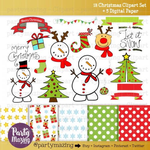 Hand Drawn Christmas Clipart Set with Matching Digital Paper Pack |  E319
