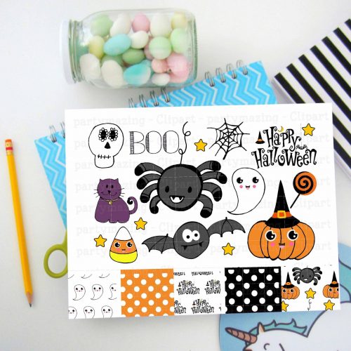 Hand-Drawn Halloween Clipart Set with a Spider, a Ghost, a Candy cane, a Cat and more spooky cute Drawings | E166