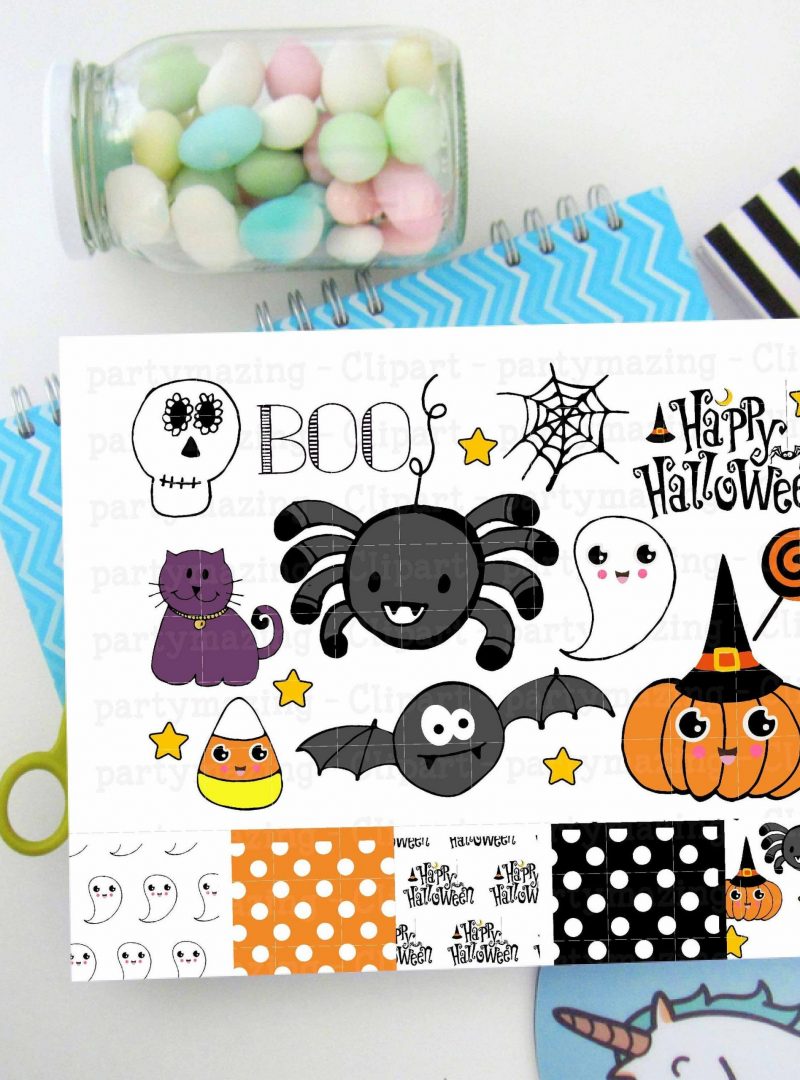 Hand-Drawn Halloween Clipart Set with a Spider, a Ghost, a Candy cane, a Cat and more spooky cute Drawings | E166