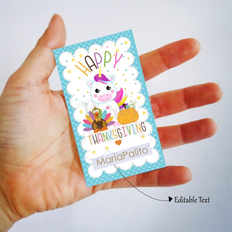 Kids Happy Thanksgiving Tag with a Turkey, a Unicorn, and a Pumpkin | Editable Rectangle Tag | E285