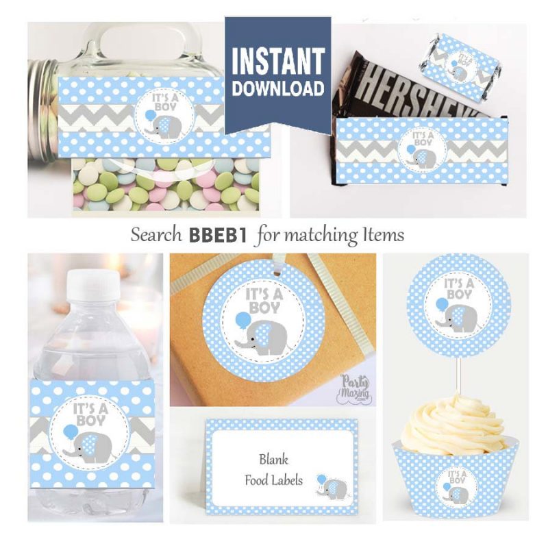 Printable Boy Baby Blue Elephant Baby Shower Express Party Package Set | E025
