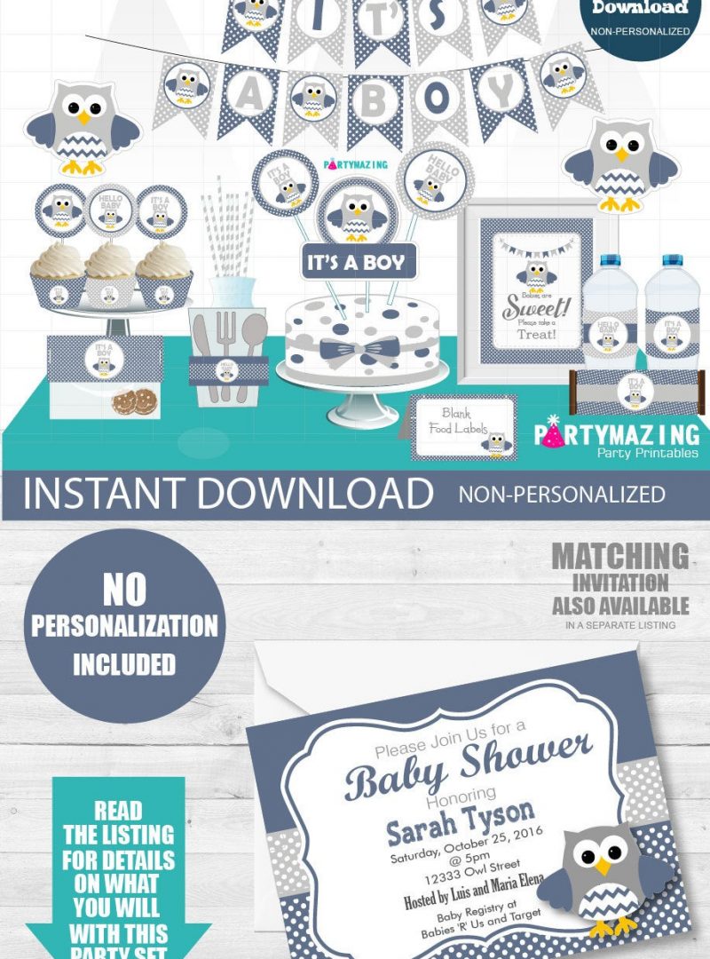 Printable Boy Navy Blue Owl Baby Shower Party Express Package Set |E032