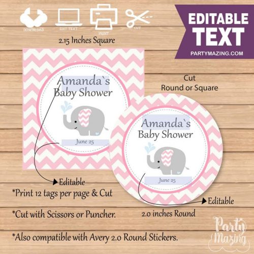 Printable Elephant Tags | Baby Shower Stickers | Girl Shower Stickers | Baby Cupcake Toppers | Gift Tag Template | BBEP2 | E065
