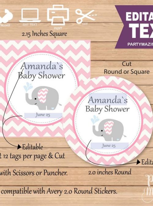 Pink Elephant Printable Baby Shower Gift Tag E065 - Partymazing