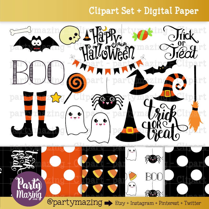 Printable Hand Drawn Halloween ClipArt Set & Matching Digital Paper for your Halloween Crafts | E205