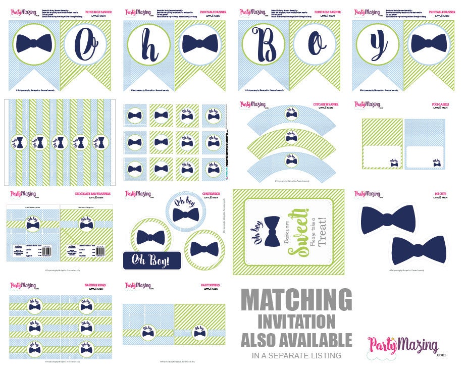 Printable Oh Boy Baby Shower Set | Little Man Quick Party Package | Blue Bow Tie Party Decoration Kit | BBLM1 | E023