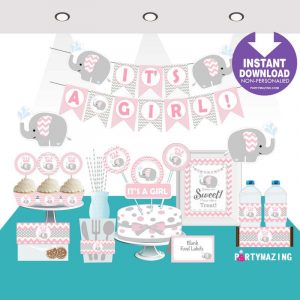 Pink Elephant Baby Shower Printable Express Party Package Set  E043