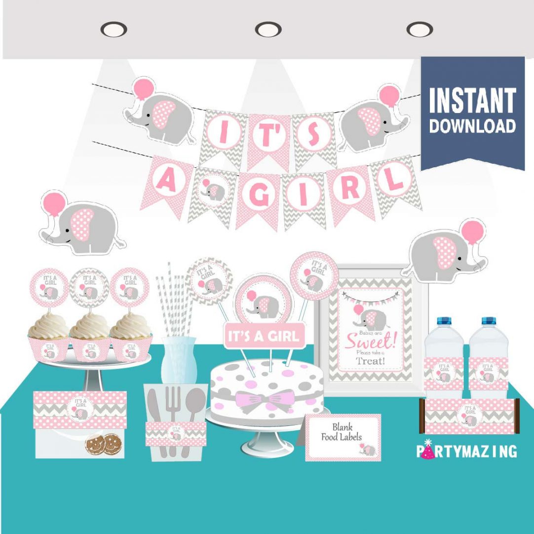 Pink Elephant Baby Shower Printable Stickers E163 - Partymazing
