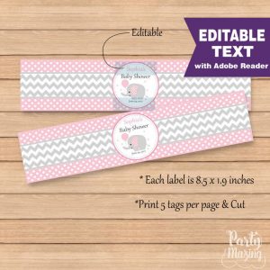 Printable Pink Elephant Water Bottle Wrapper Labels | PK03 | E154
