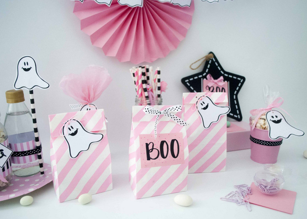 Printable Pink Little Ghost Boo Halloween Party Tags, Party Banner & Matching Paper | E378