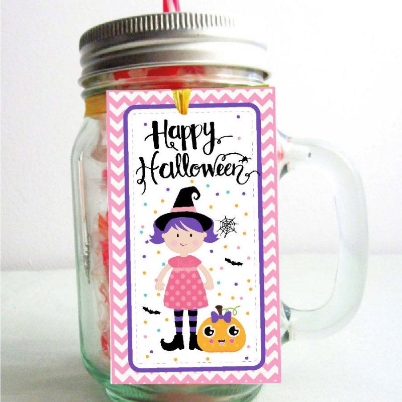 Printable Pink Little Witch Hand Drawn Happy Halloween Tag for your Little Girl or your Kids Halloween Candy Bags| Rectangle Tag | E251