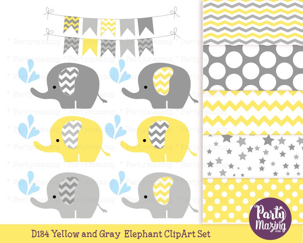 Yellow Elephant Sprinkle Water Baby Shower Clipart Set | E368