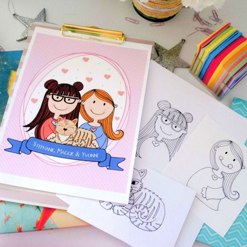 Custom Couple Portrait Illustration Gift, Cute Custom hand-drawn Family with Pets,  Couple Illustration Portrait Cartoon Style | E402