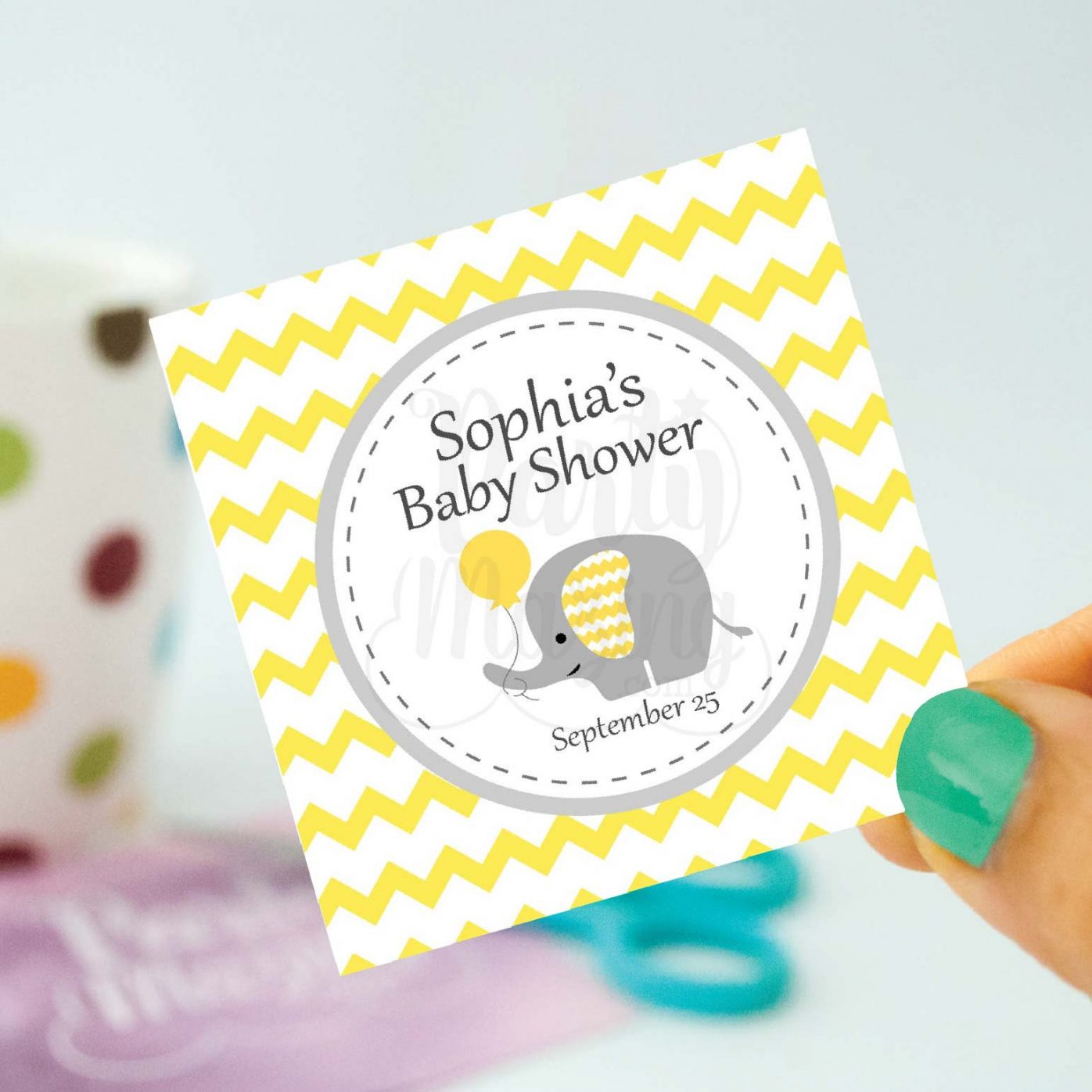 Printable Elephant Stickers, Yellow Baby Shower Labels Elephant Gift