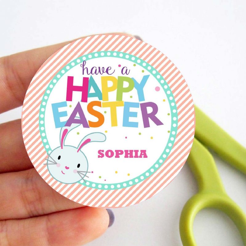 Editable Happy Easter Tag | Printable Cute Bunny for Kids Labels | Party Favor Sticker | Round or Square | Instant Download | HOEA1 | E134