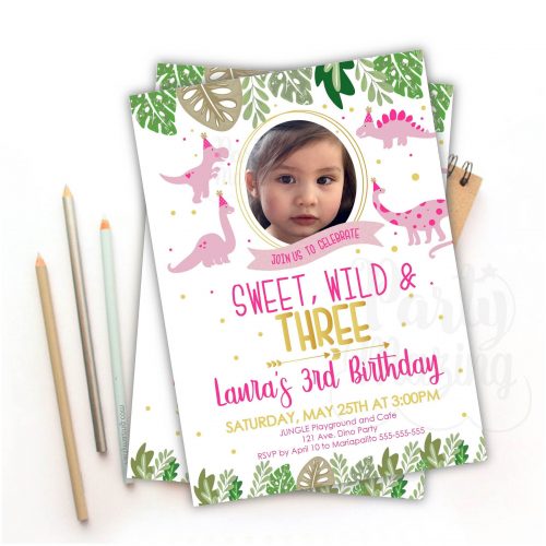 Girl Dinosaur Invitation Pink | Hand-drawn Printable Jungle Invite with Picture | Tropical party | Digital Invitation | E445