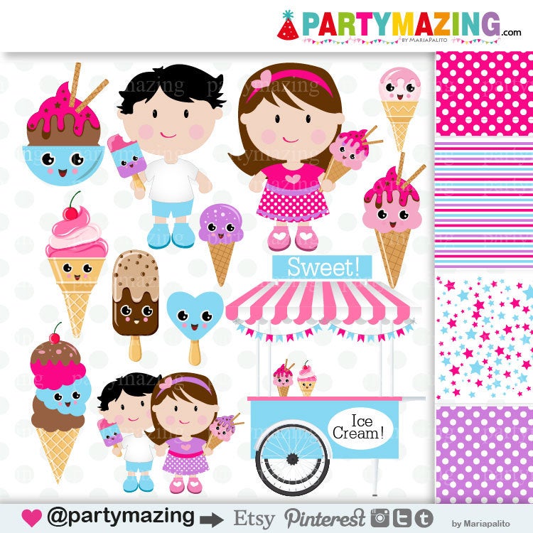 Kawaii Ice cream Kids Clipart Set | Cute Kids Ice cream Shop | Digital Digital Planner Graphic Set | Transparent Background | E459