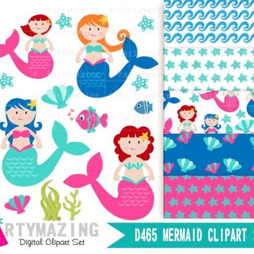 Kawaii Mermaid Clipart Set | Cute Under the Sea Set | Digital Image Set | Digital Planner Graphic Set with Transparent Background | E460