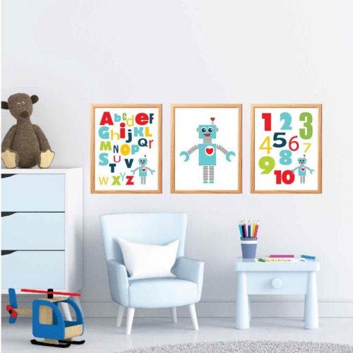 3 Printable Robot Wall Art | Printable Playroom Prints |  ABC and Number Modern Nursery Room Decor | Boy Room Wall Art | E459
