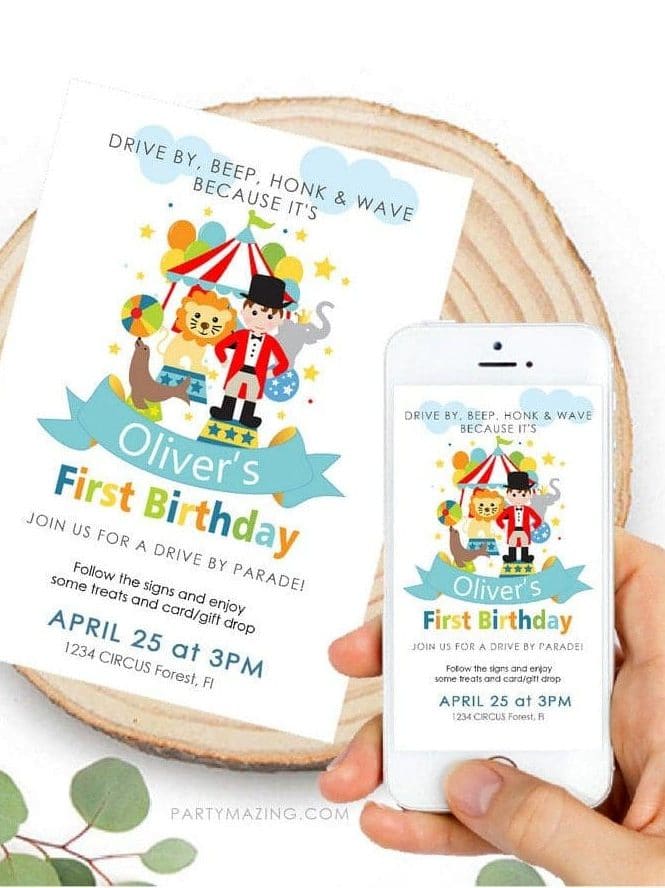 CIRCUS FIRST BIRTHDAY DIGITAL INVITATION BY PARTYMAZING