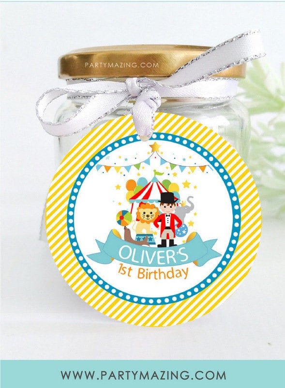 Personalized Circus Party Favor Tag | Printable Birthday Parade Gift Tag | 2.5 Inches Round and Square Tag | E514