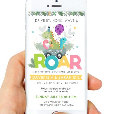 Dino Drive By Phone Digital Invitation | Siblings Birthday Invite | PK08 | E537