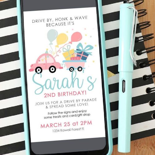 Girly Drive By Birthday Parade Invitation| Electronic Phone or Email Invite | Digital Paperless Party Invite | E341