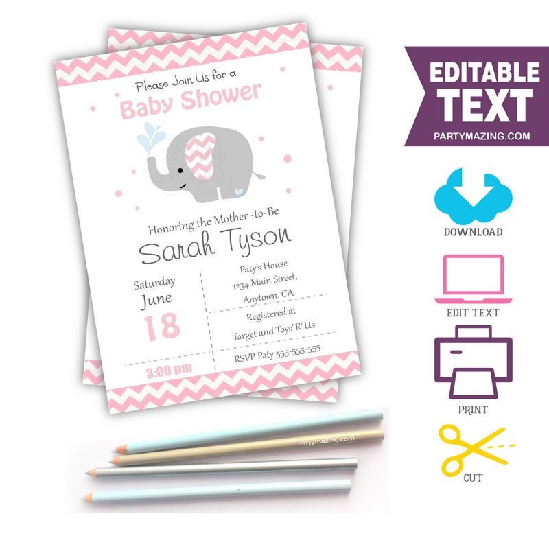 Pink Elephant Invitation for Baby Shower or Birthday Invite | PK15 |E056