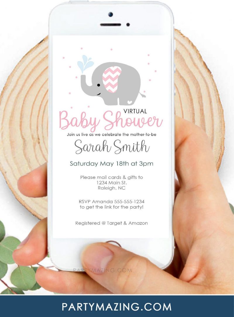 Pink Elephant Virtual Baby Shower Digital Invitation |  Phone Text Invitation | E511